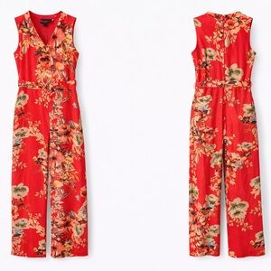 ECI Red Floral Sleeveless V‑Neck Wide‑Leg Jumpsuit